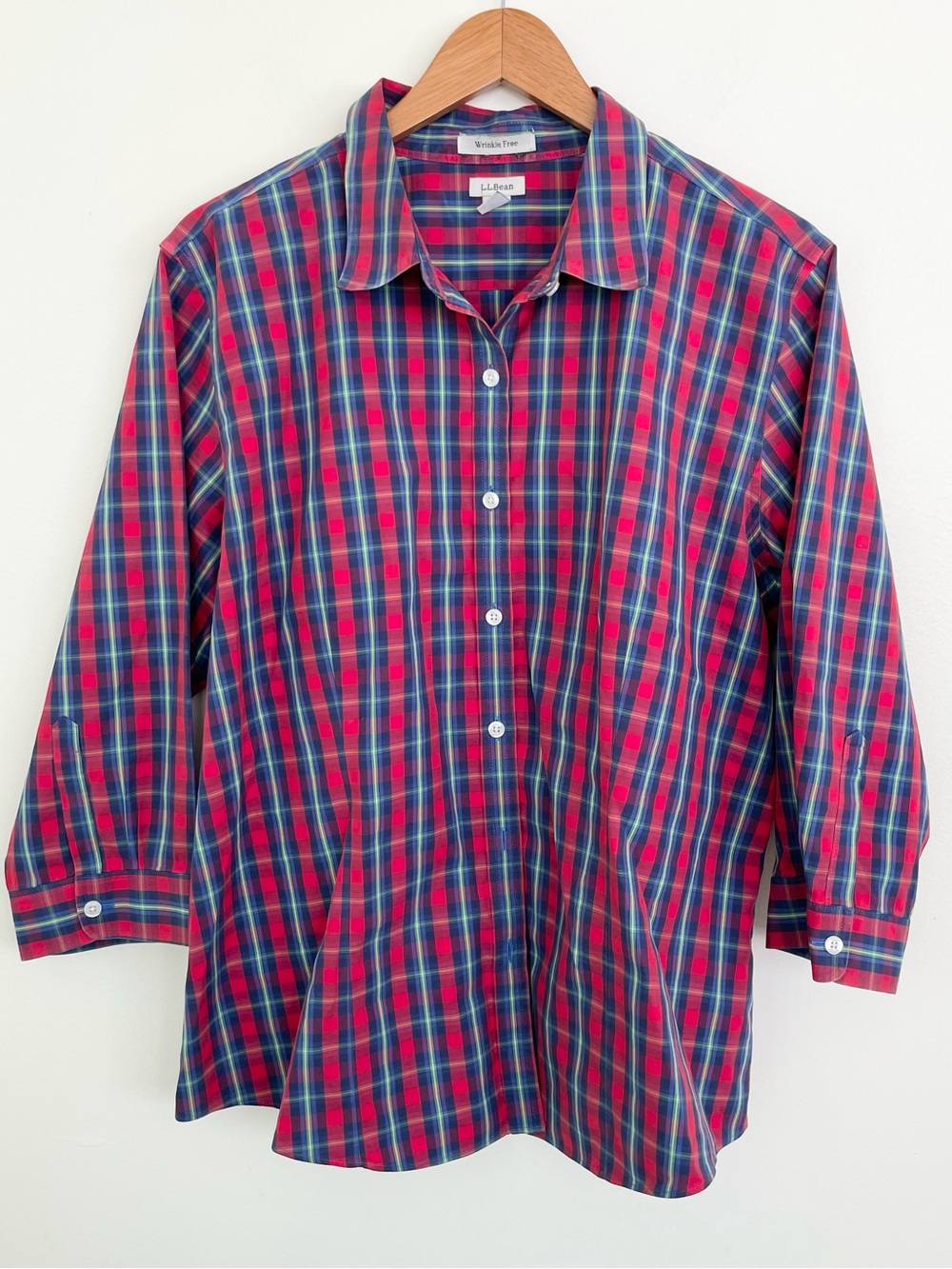 LL Bean 100% Cotton Wrinkle Free Plaid Button Up Shirt Red Blue Green XL